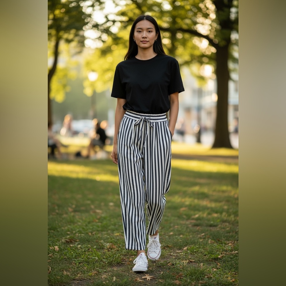ZARA Navy White Striped Paperbag Waist Pants Size 8 - Picture 5 of 13
